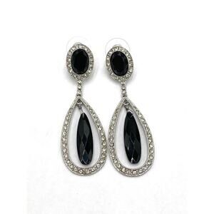 Monet Earrings Dangles Drops Silver Tone Black Rhinestones Pierced